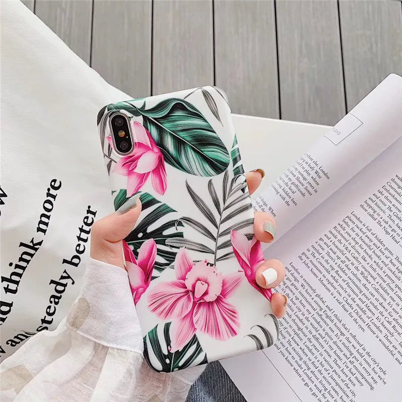 Pink floral pattern TPU back cover phone case for iPhone models