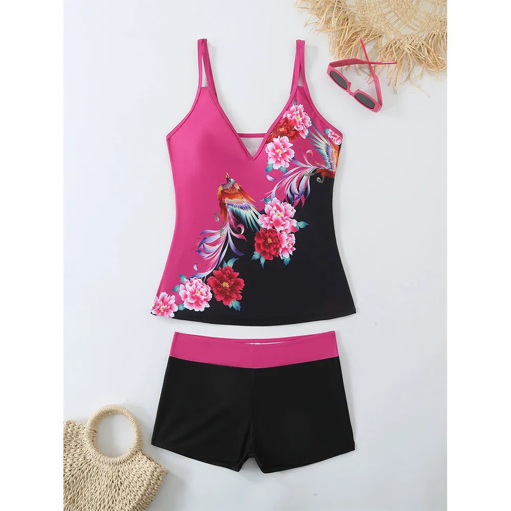 Plus size women's two-piece swimsuit set in black or rose red, showing top and briefs-style bottoms.