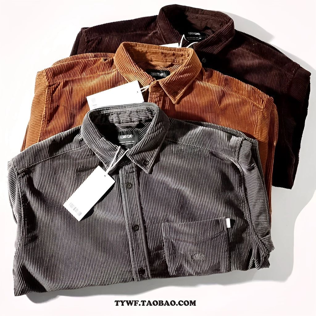 Caramel and grey loose fit corduroy shirt with Japanese Hong Kong style cardigan design for youth leisure wear