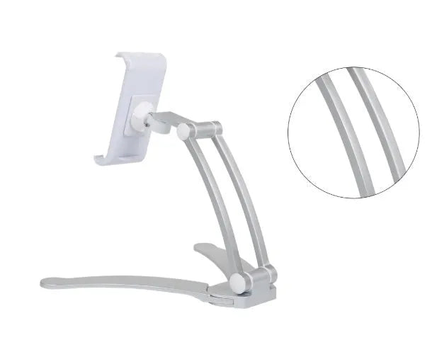 Silver aluminum alloy desktop stand holding a tablet, showing 360-degree adjustable arm and clamping mechanism.