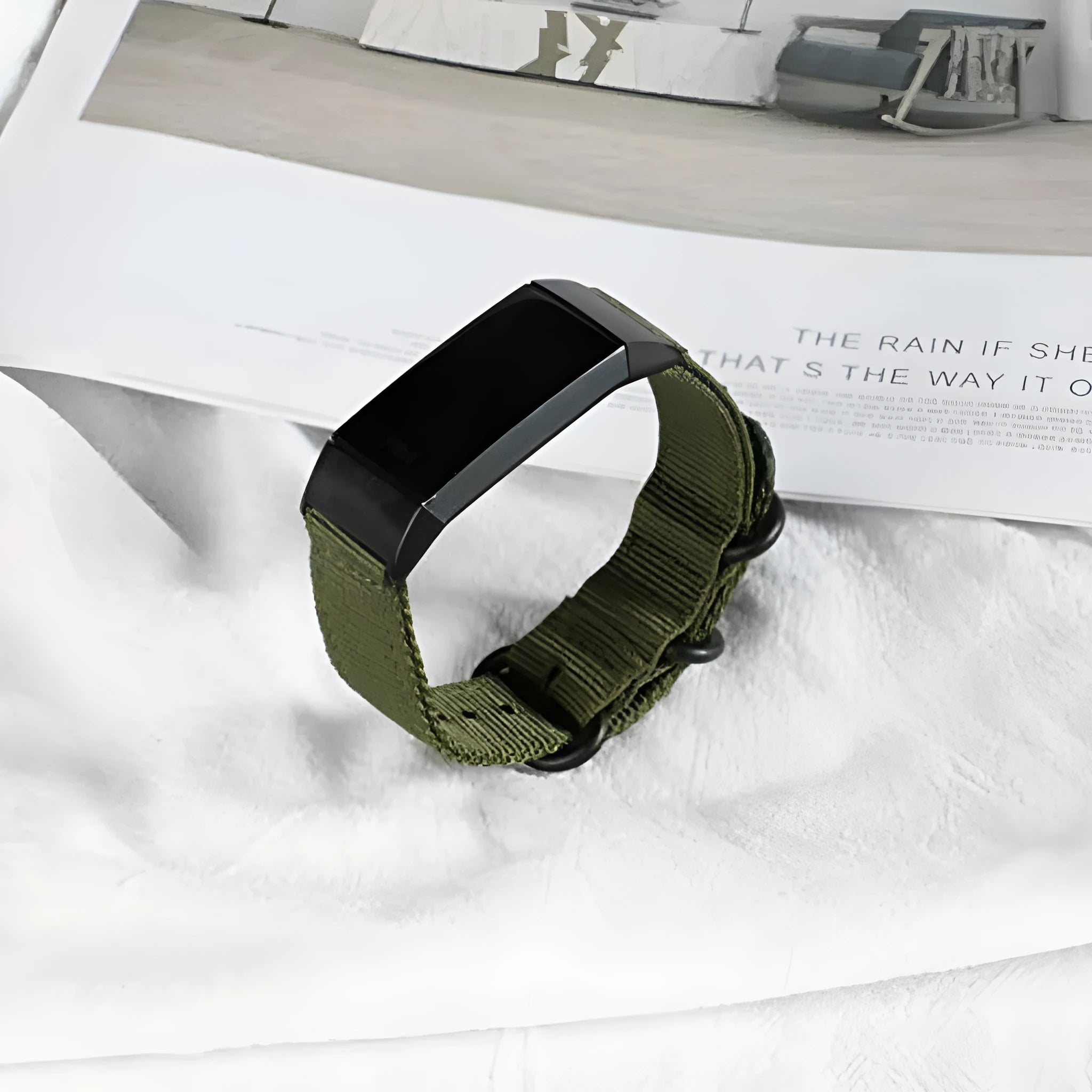 Army Green woven nylon three-ring buckle replacement strap for Fitbit Charge fitness tracker