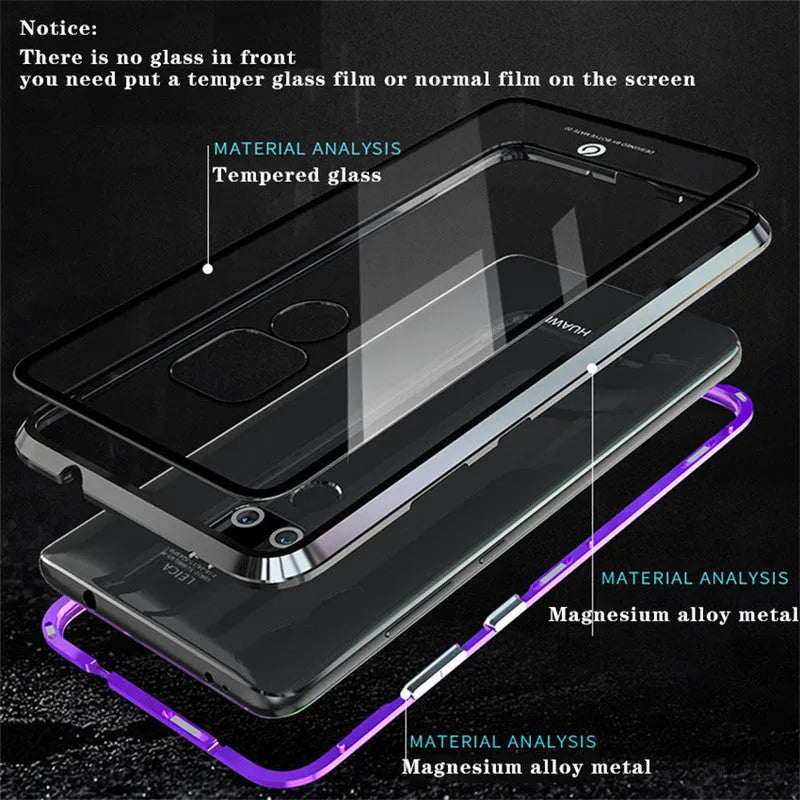 Black magnetic phone case with metal frame and clear tempered glass back for Huawei phone.