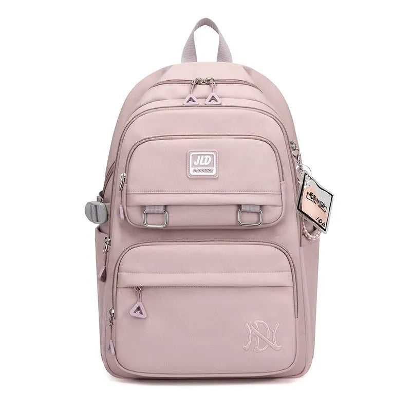 Girls' large waterproof nylon school backpack with physiological curve backplate, shown in a choice of colours.