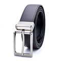 Men's brown and black genuine leather belt with rotating alloy pin buckle shown at 120cm length