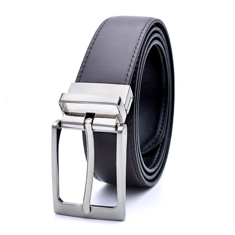 Men's brown and black genuine leather belt with rotating alloy pin buckle shown at 120cm length