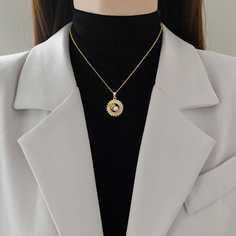 Women's titanium steel jewellery set with square diamond design necklace and matching stud earrings