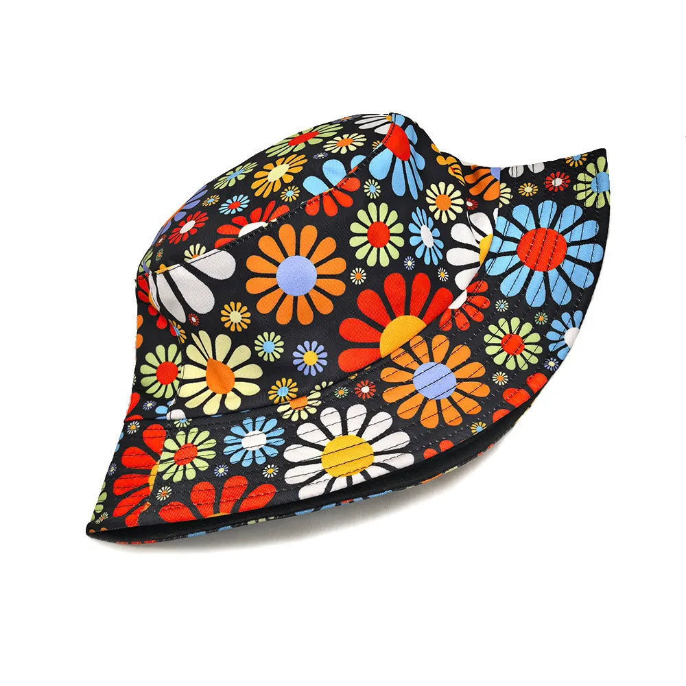Colourful floral pattern bucket sun hat with dome crown in size M for women