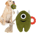 Blue and green monster dog toys with plush bodies and cotton rope limbs.