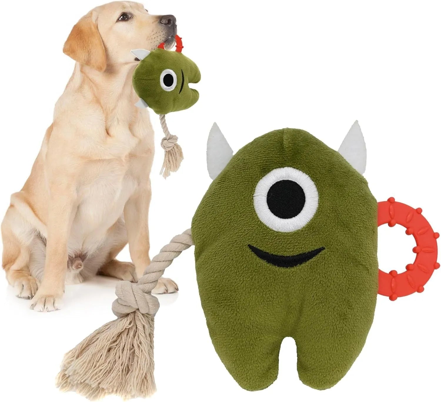 Blue and green monster dog toys with plush bodies and cotton rope limbs.