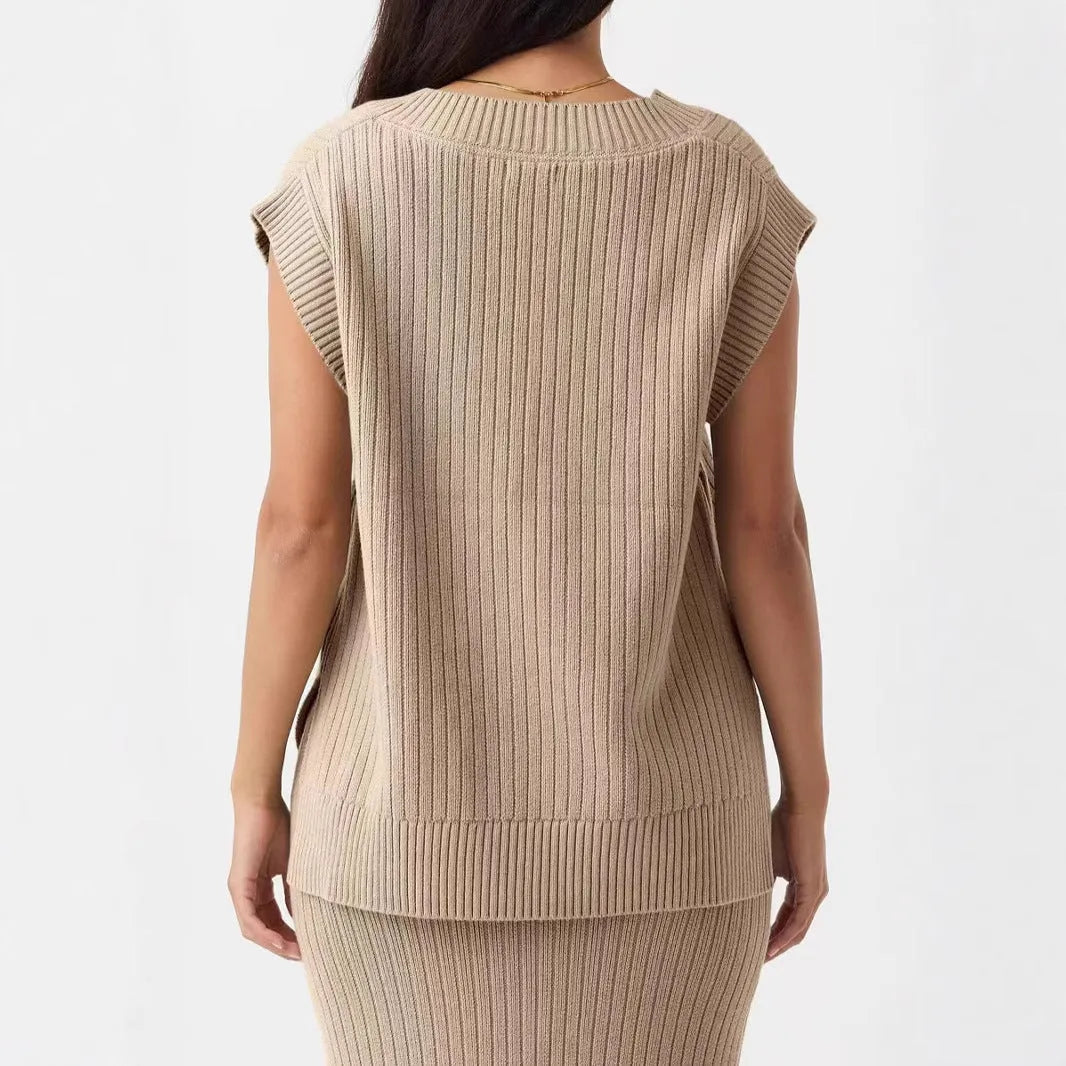 Camel and white V-neck sleeveless pullover vest with loose fit and striped or plaid patterns