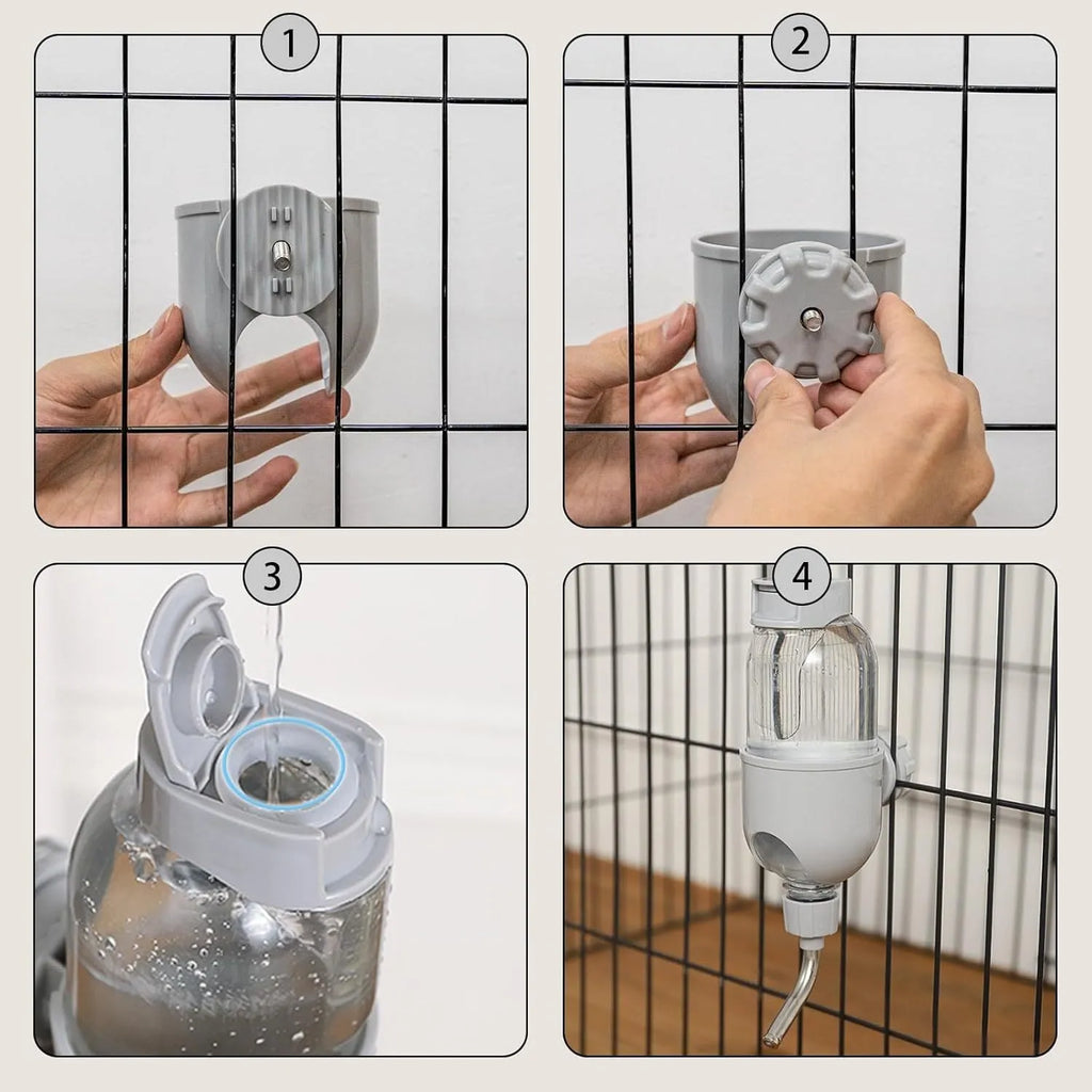 Blue small animal water bottle with rotatable nozzle attached to cage wire