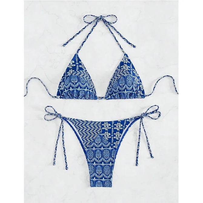 Women's bandage stitch bikini swimsuit in polyester fabric with detailed construction