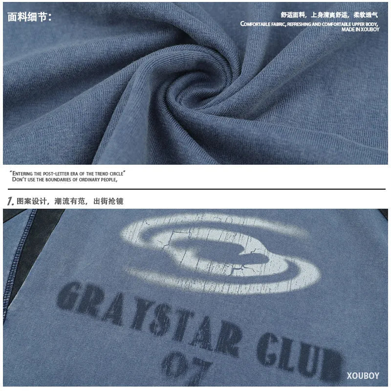 Men's blue hip hop letter print t-shirt with raglan sleeves shown in loose fit style