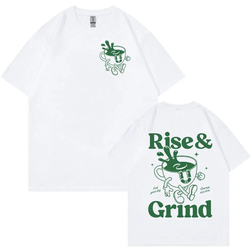 Loose fit men's linen T-shirt with a cartoon graphic of a green coffee bag and 'Rise And Grind' text.