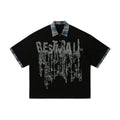 Men's loose blue cotton top with asymmetrical graffiti print, short sleeves, street style