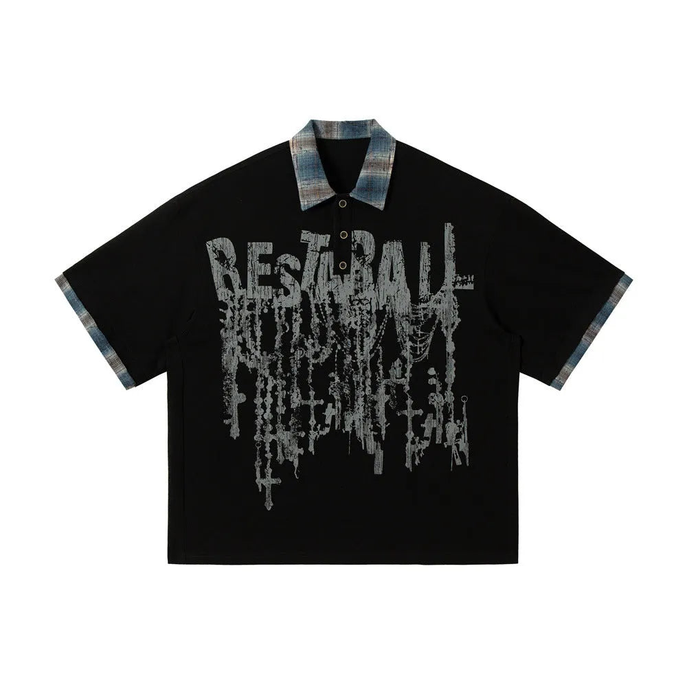 Men's loose blue cotton top with asymmetrical graffiti print, short sleeves, street style