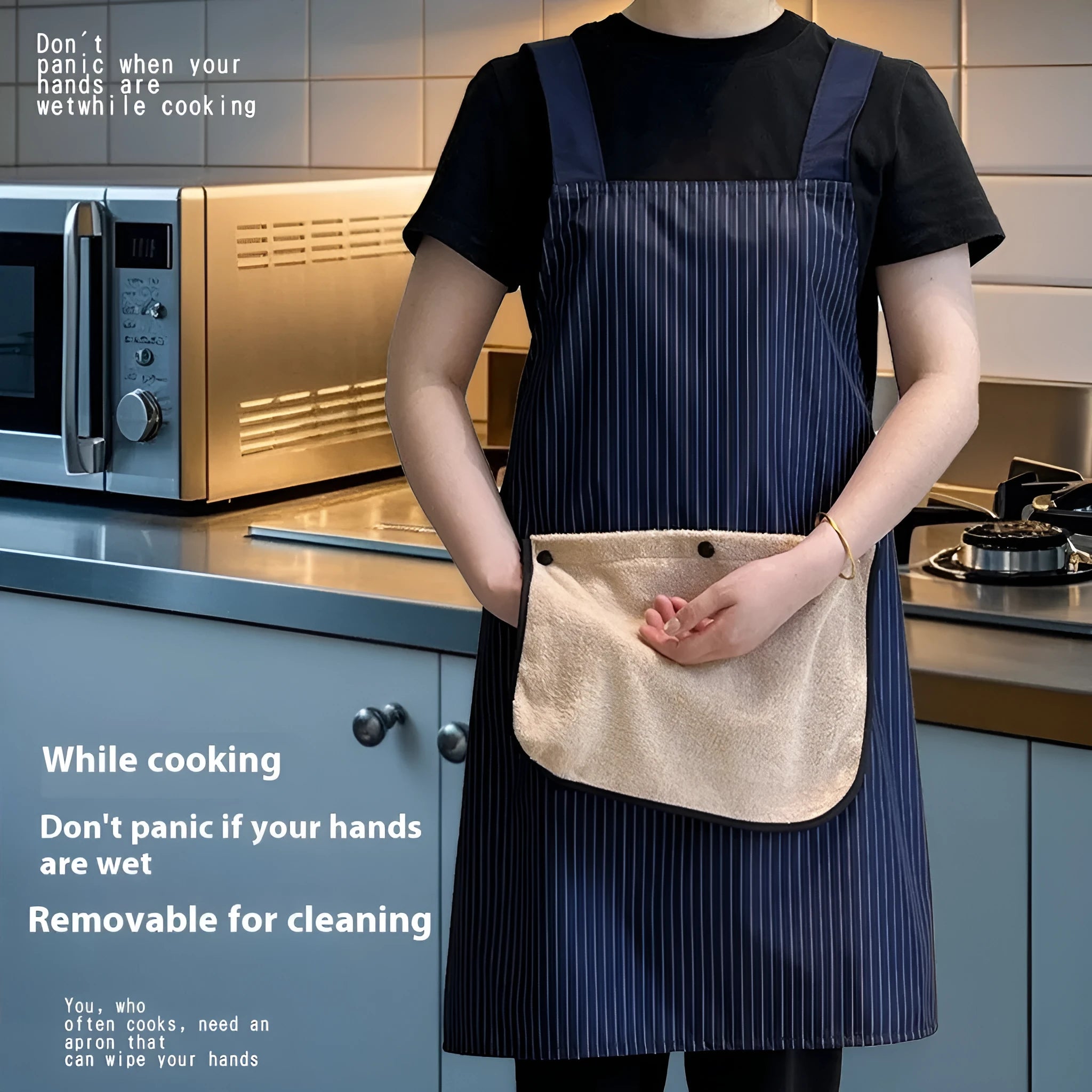 Polyester waterproof kitchen apron in multiple colour options including black and blue