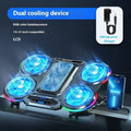 Notebook Play Speed 4-core laptop cooler in black with RGB lighting and blue light white leaf fan on a desk