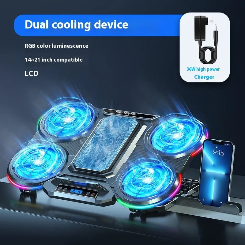 Notebook Play Speed 4-core laptop cooler in black with RGB lighting and blue light white leaf fan on a desk