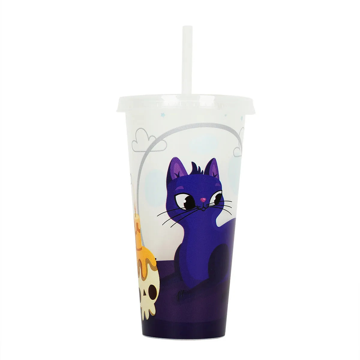 Halloween-themed luminous plastic straw cup with 720ml capacity in assorted colours.
