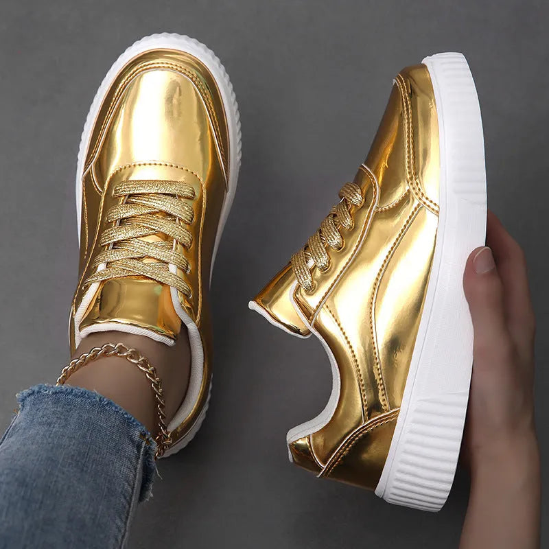 Rose gold and gold sequined platform sneakers with thick soles and round toe design