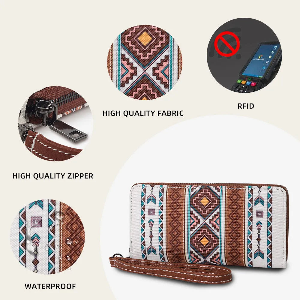 Bohemian striped canvas RFID-blocking wallet showing wind belt design in beige colour