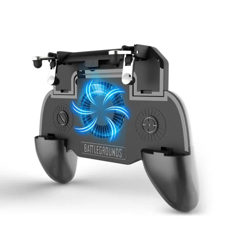 Black mobile game controller with USB cable, aluminium alloy trim, and labelled grip and shot buttons.