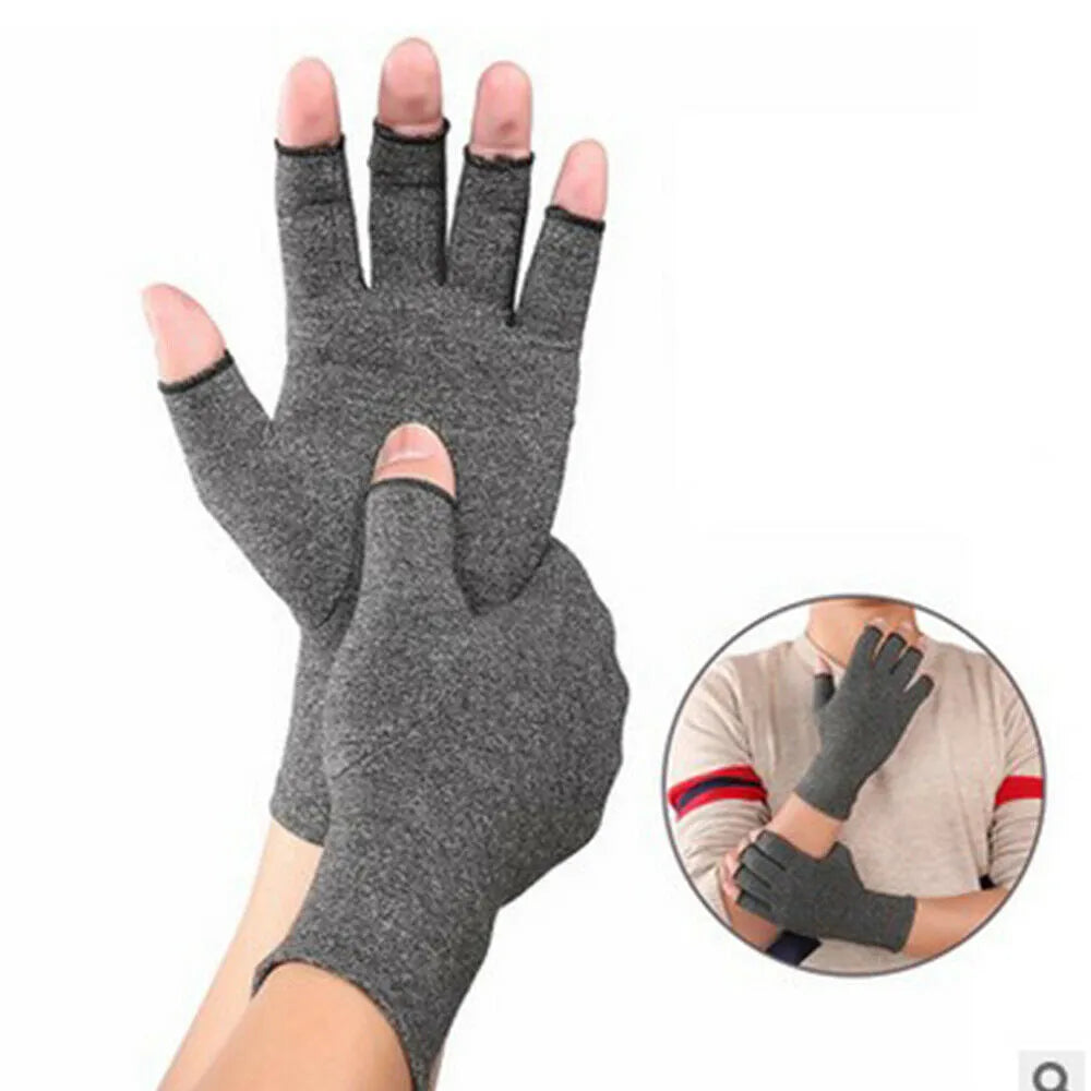 Grey half-finger joint compression gloves showing anti-slip palm pattern and trueran spandex fabric texture