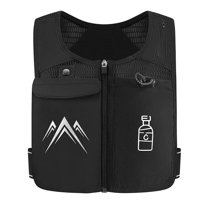 Classic black breathable mesh sports running vest with integrated mobile phone pocket on the front.