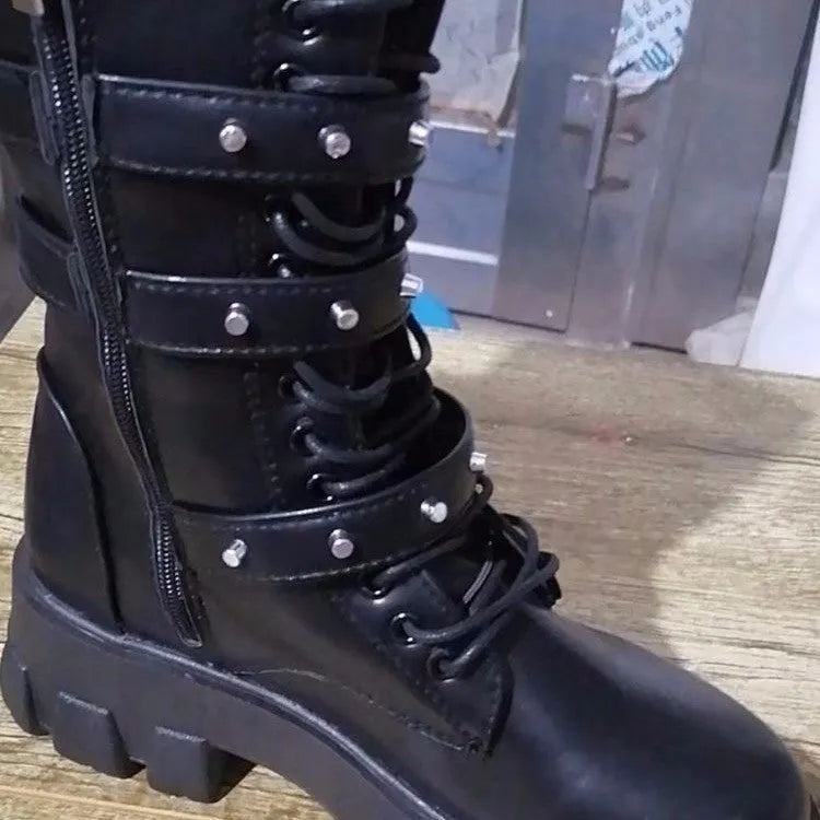 Women's black mid-calf buckle boots with side zipper and round toe