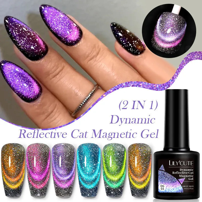 Six bottles of Diamond in the Debris cat eye UV gel nail polish showing glitter and magnetic finishes.