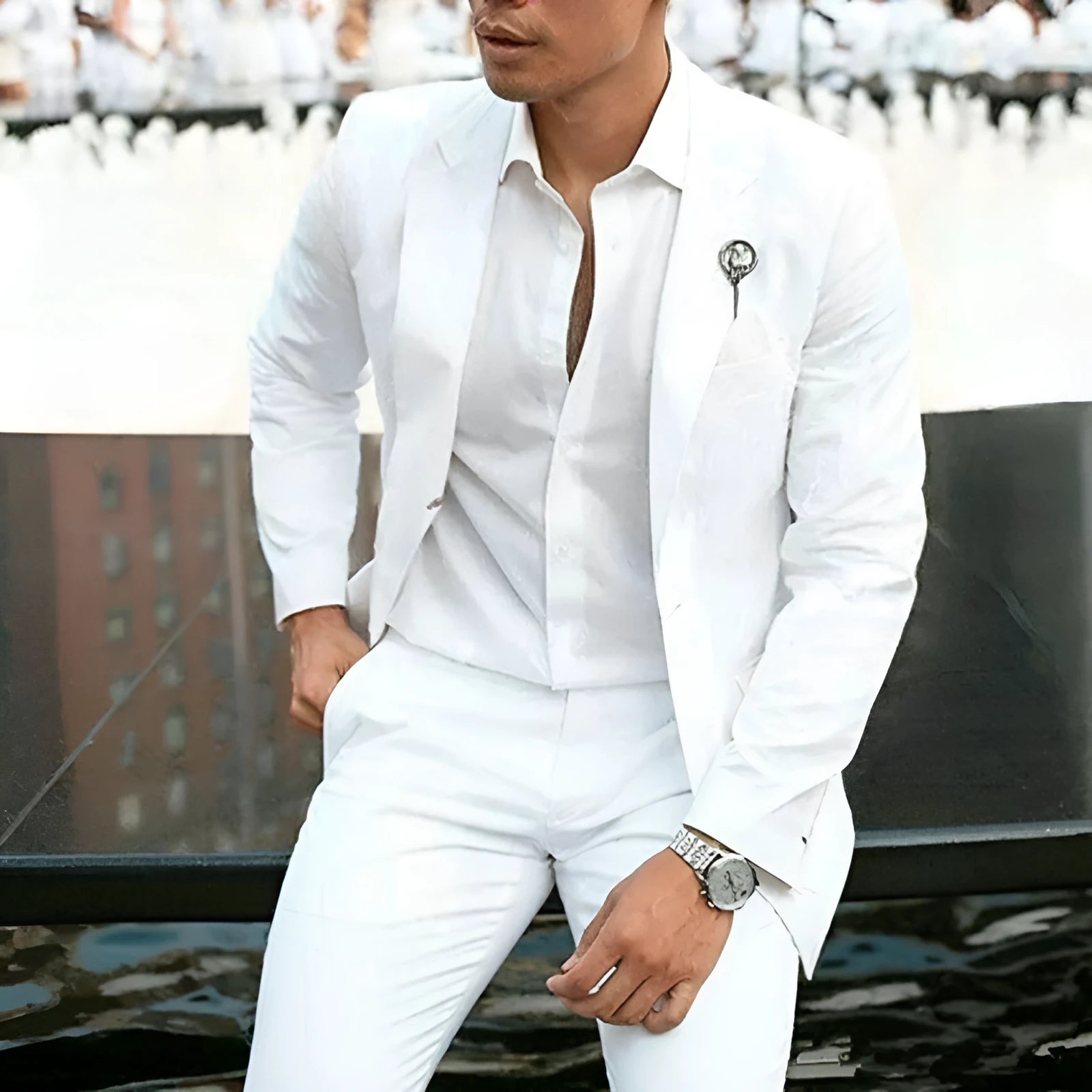White slim-fit men's two-piece suit for wedding groomsman with Asian sizing options