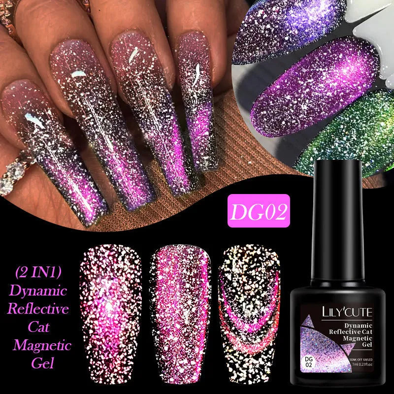 Six bottles of Diamond in the Debris cat eye UV gel nail polish showing glitter and magnetic finishes.