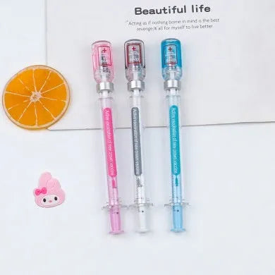 Vaccine design gel pen with black 0.5mm needle point refill and plastic construction