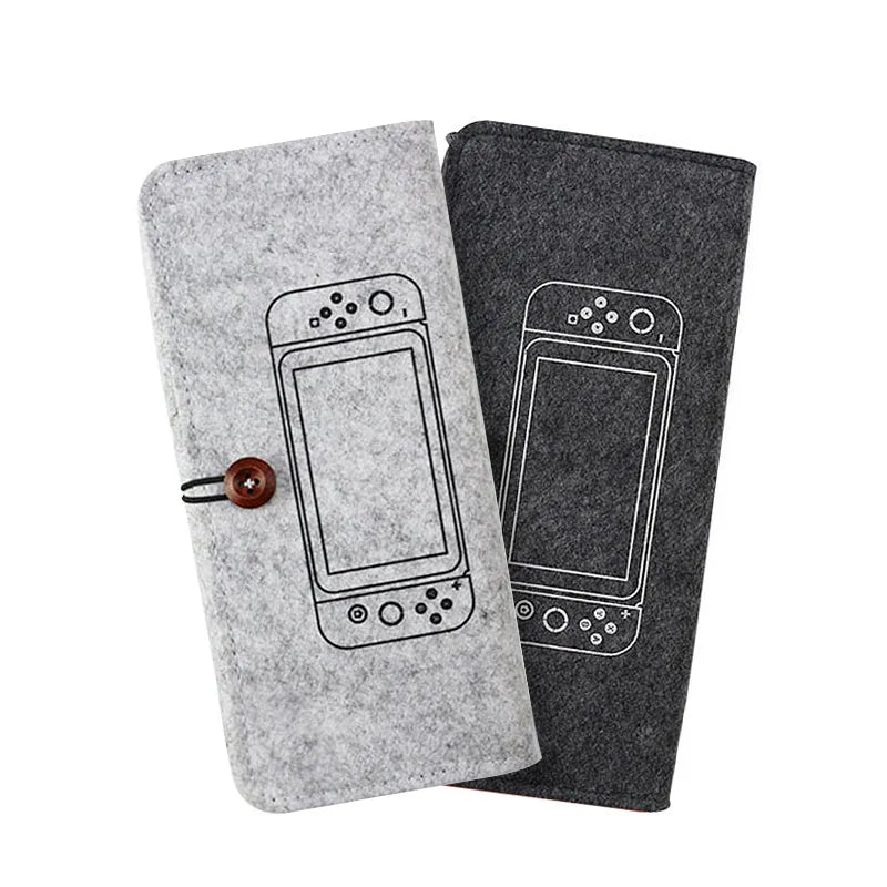 Black felt Nintendo Switch carrying case showing game card slots and storage compartments