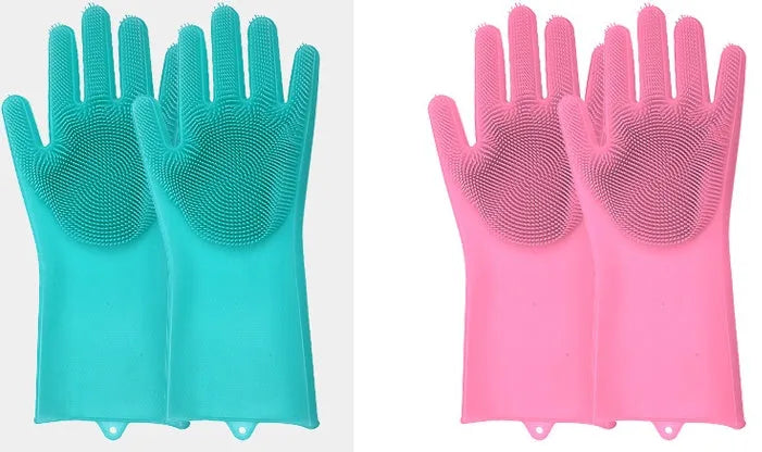 Silicone heat-resistant cleaning gloves with sponge surface in various colour options