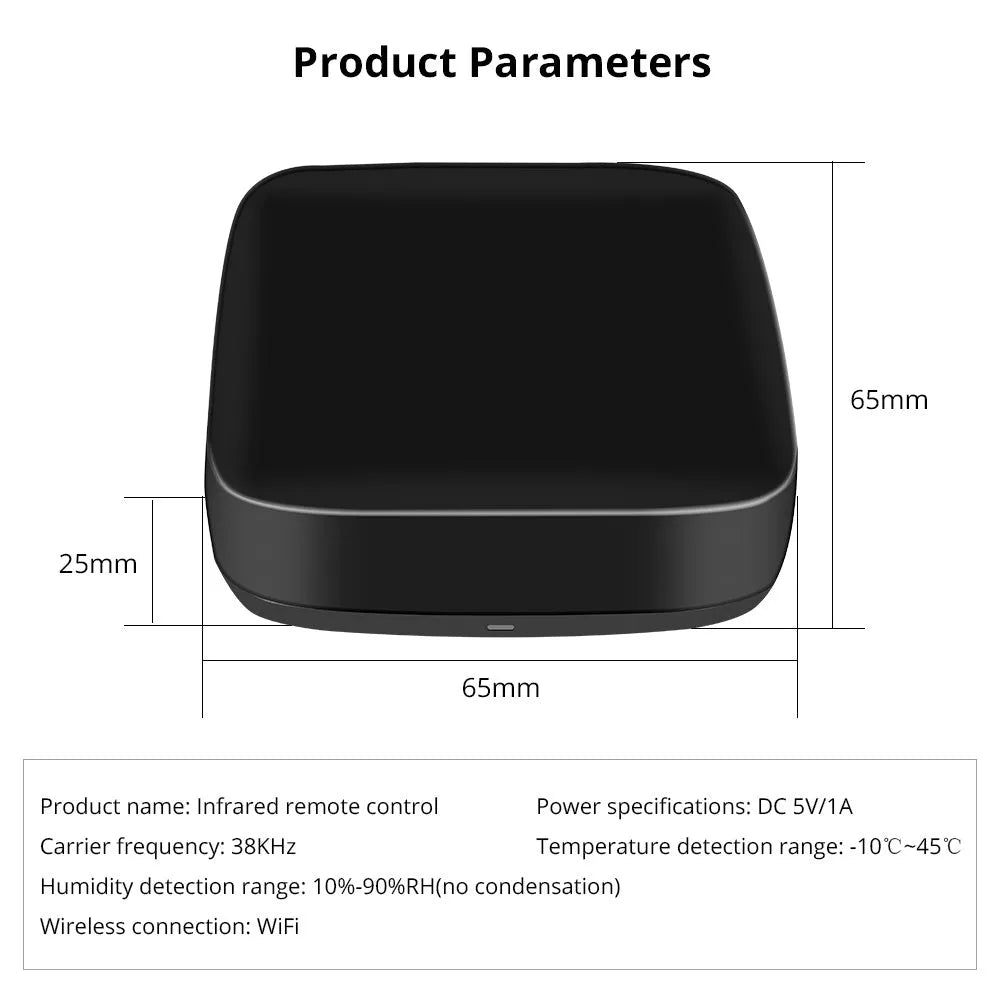 Black universal infrared remote control with voice control and WiFi connectivity for home automation