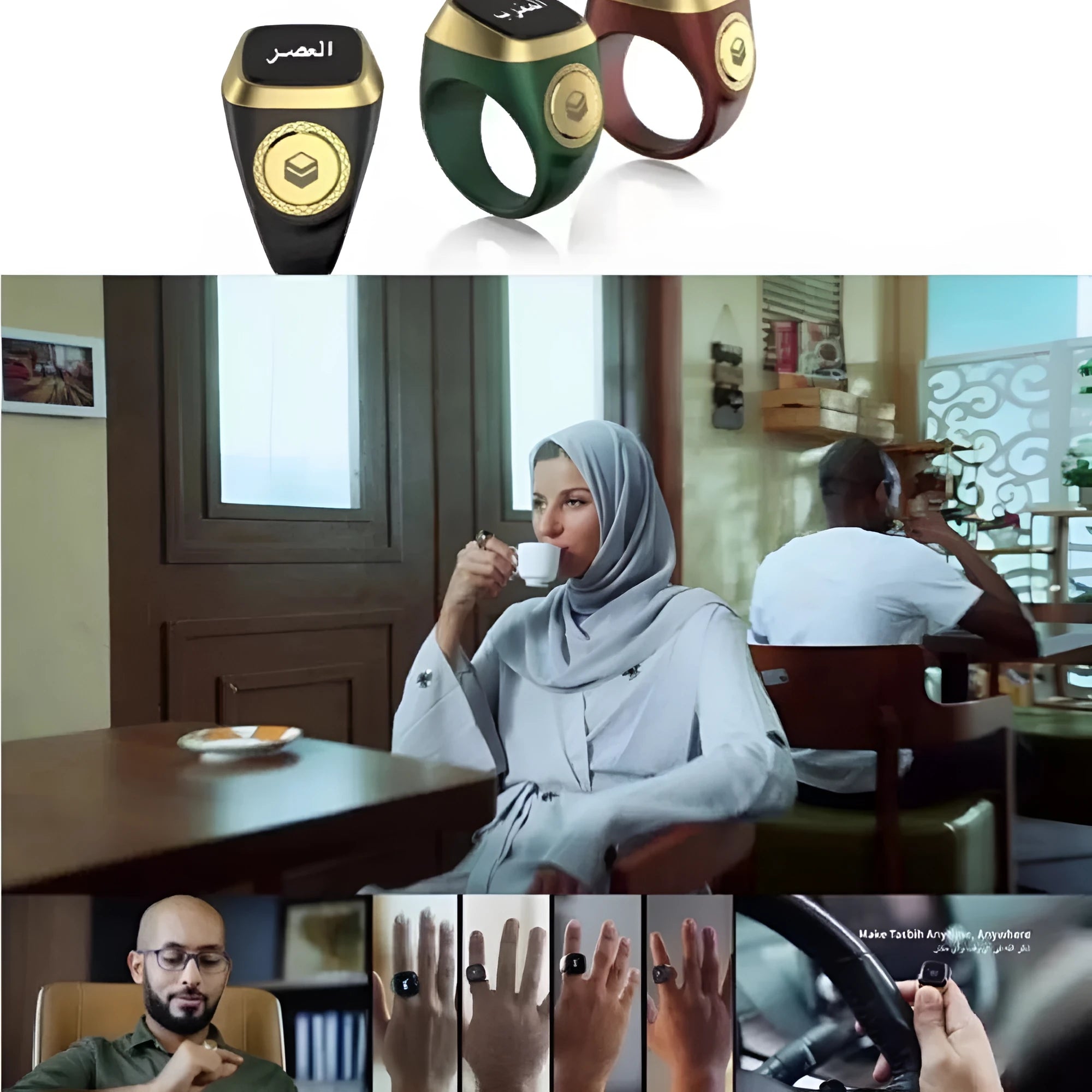 Zikr1 smart ring with OLED display showing Tasbih count, available in multiple colours and sizes