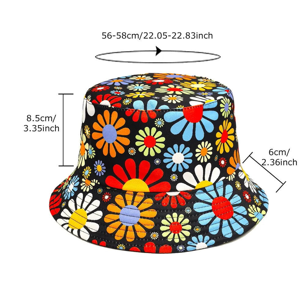 Colourful floral pattern bucket sun hat with dome crown in size M for women