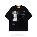 Men's black loose fit cotton t-shirt with white printed letter pattern and raglan sleeves