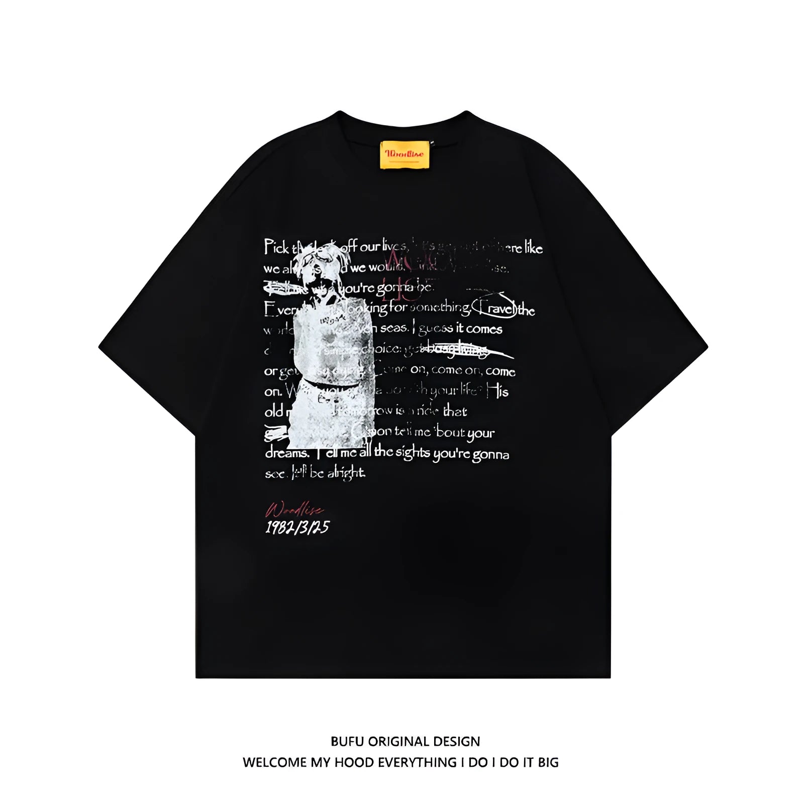 Men's black loose fit cotton t-shirt with white printed letter pattern and raglan sleeves