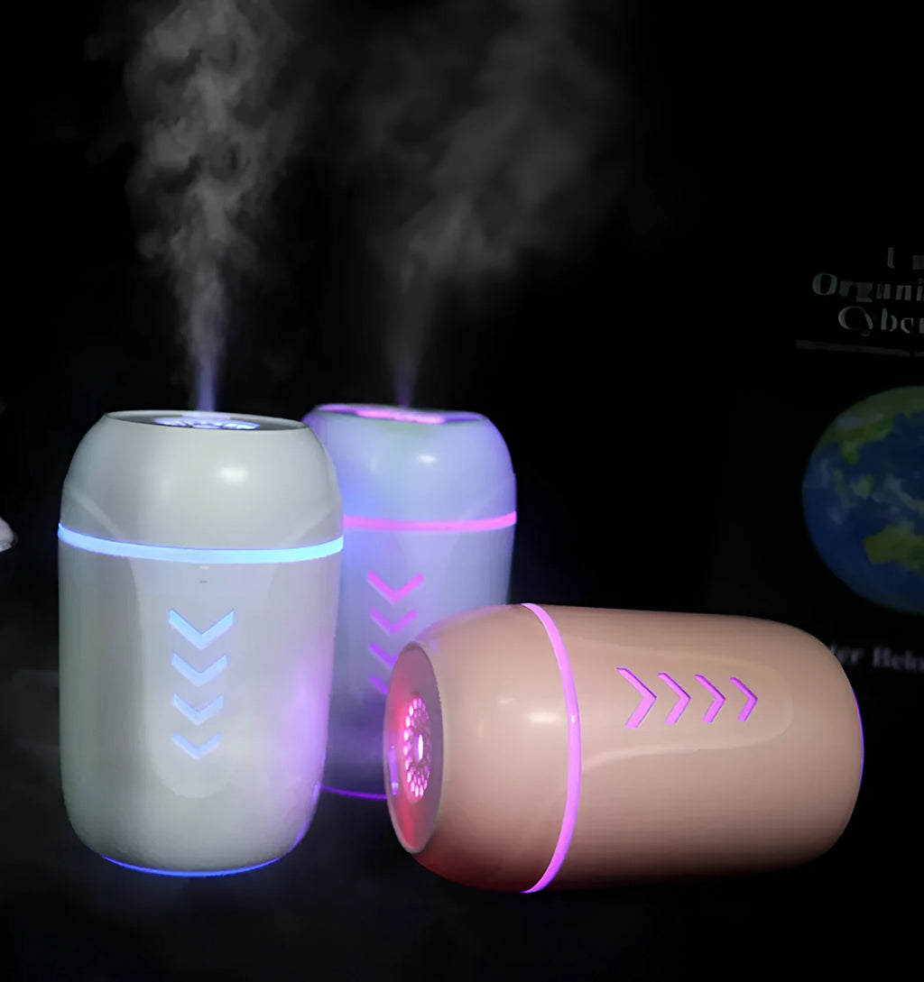 X3 portable car humidifier with columnar design in blue colour showing USB port and mist outlet