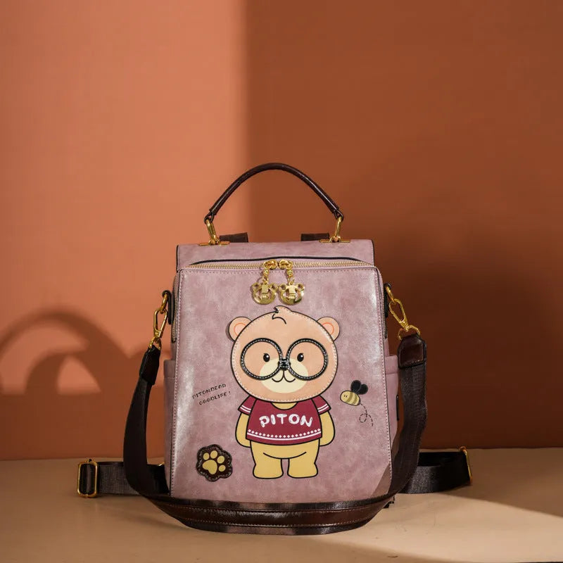 Cartoon bear female large capacity retro sling backpack in creamy-white with sewing line detail