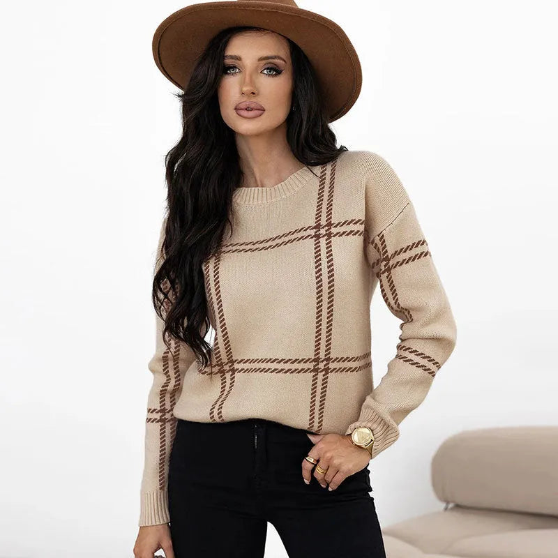Women's casual plaid colour-block acrylic sweater with apricot, black, beige, red, and green stripes.