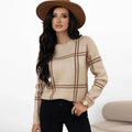 Women's casual plaid colour-block acrylic sweater with apricot, black, beige, red, and green stripes.