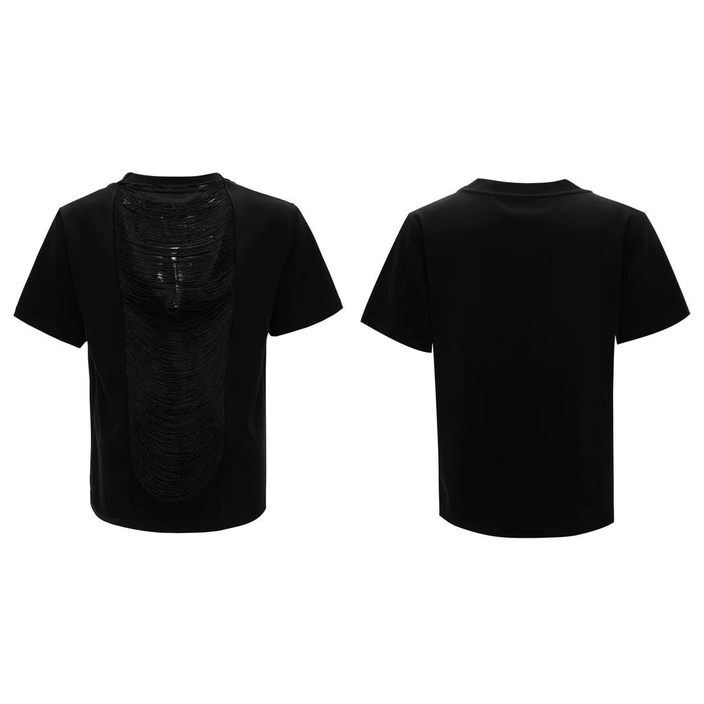 Men's drum black loose fit t-shirt with a hollow-out V-neck design and short sleeves.