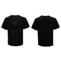 Men's drum black loose fit t-shirt with a hollow-out V-neck design and short sleeves.