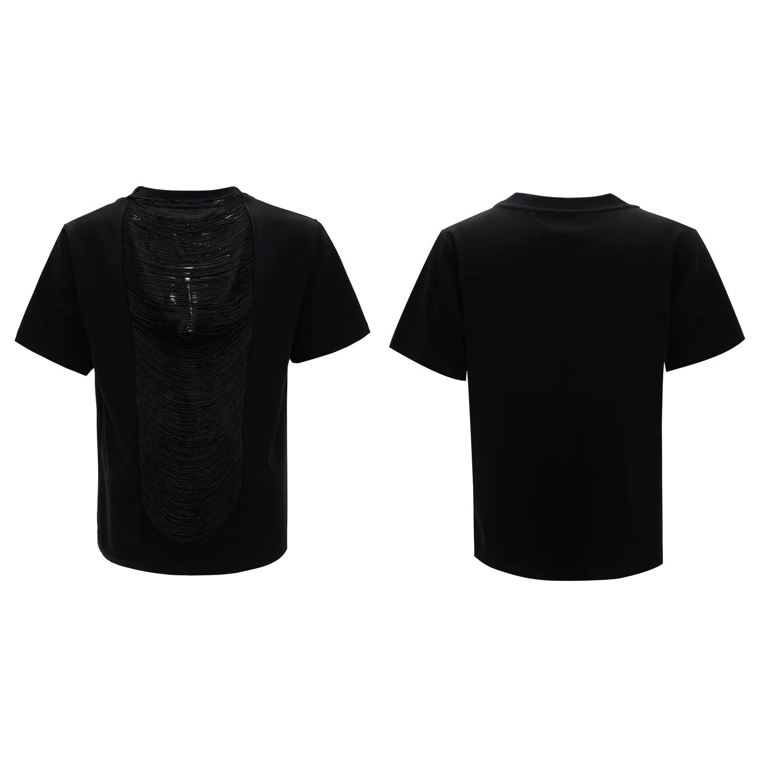 Men's drum black loose fit t-shirt with a hollow-out V-neck design and short sleeves.