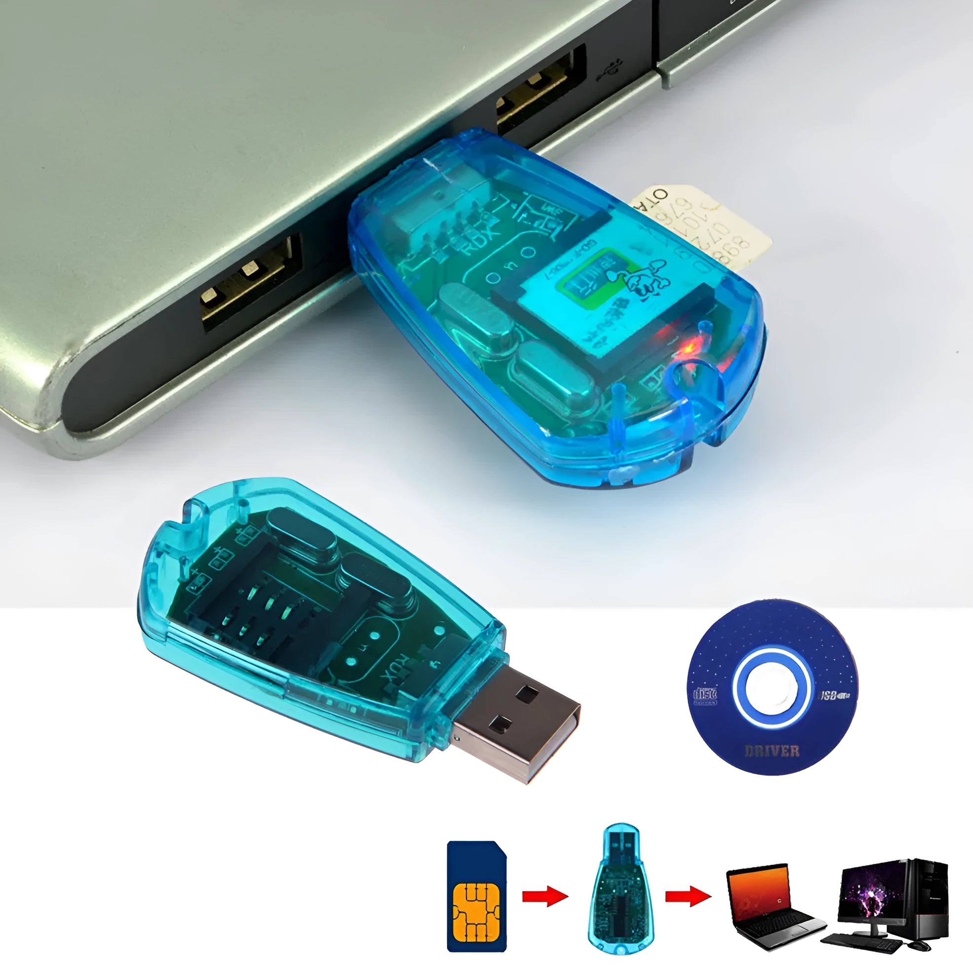 Blue USB 2.0 SIM card reader for mobile phone data backup and editing.