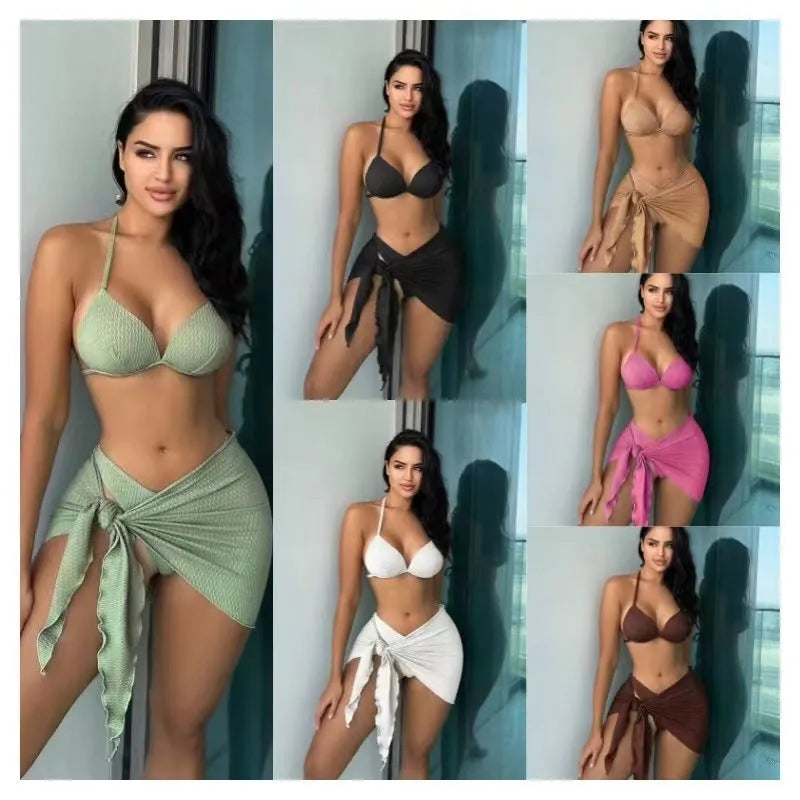Women's three-piece swimsuit set with skirt in high elasticity polyester fabric